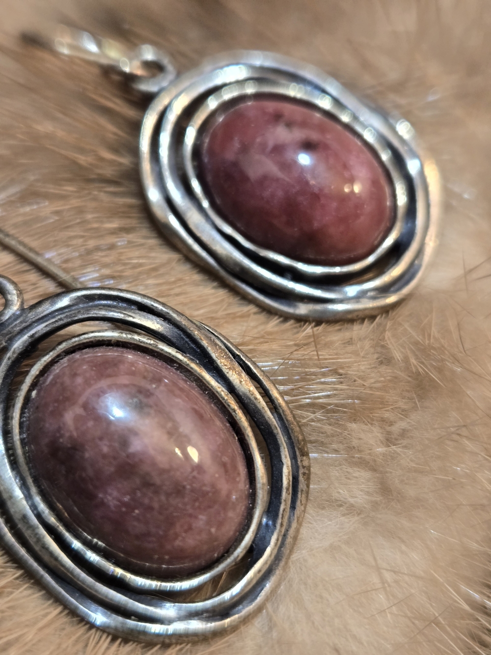 Vintage Israel B 925 Silver with Rhodonite Cabochons Drop Earrings